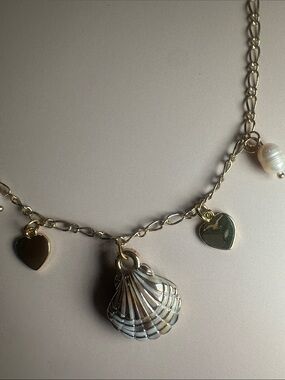 Silver Shell & Heart Charm Necklace with Pearl Drops